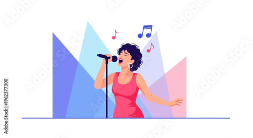 Woman singing with microphone and music notes.