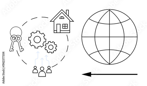 Real estate concept. Icons global real estate, property management, home ownership, gears for processes, and teamwork collaboration. For real estate agencies, property rental, housing markets global