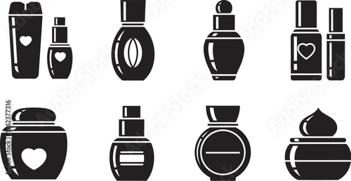 Black and white beauty product icons set with nail polish, perfume, and makeup bottles on white background for design and branding