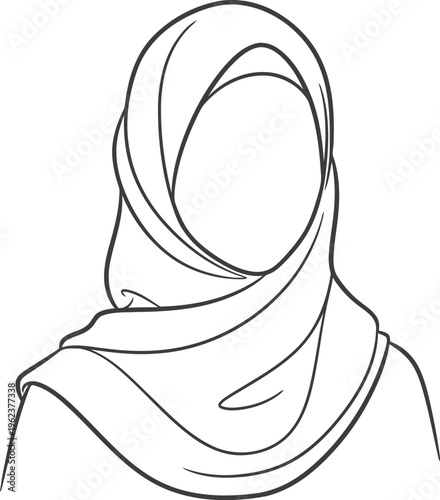 A simple black and white line art illustration of a woman wearing a traditional islamic hijab