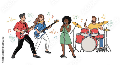 A group of friends having fun playing music together with musical notes around them.