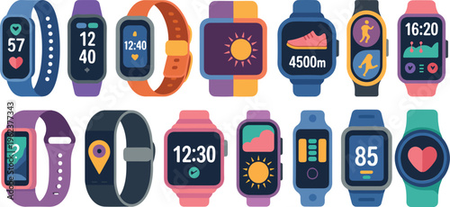 Activity tracker vector set with smart fitness band featuring heart rate monitor step counter and sport wrist watch application