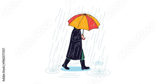 Person walking with colorful umbrella on rainy day.