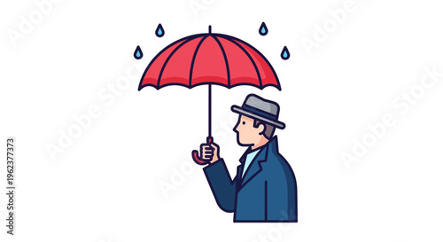 Man holding red umbrella on rainy day.