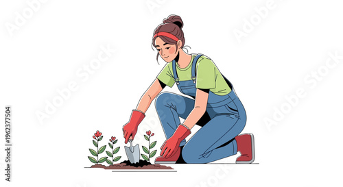 Woman gardening with flowers and gloves.
