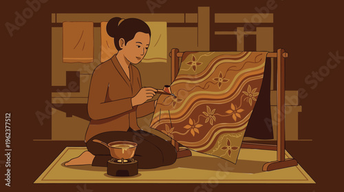 Skilled artisan meticulously creates intricate patterns on fabric, preserving the ancient craft of textile art and cultural heritage