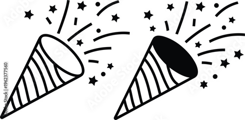 Party popper icon vector with confetti explosion, celebration symbol in outline and solid style
