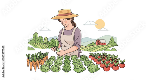 Woman harvesting fresh vegetables in garden.