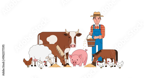 Farmer with animals on a farm.