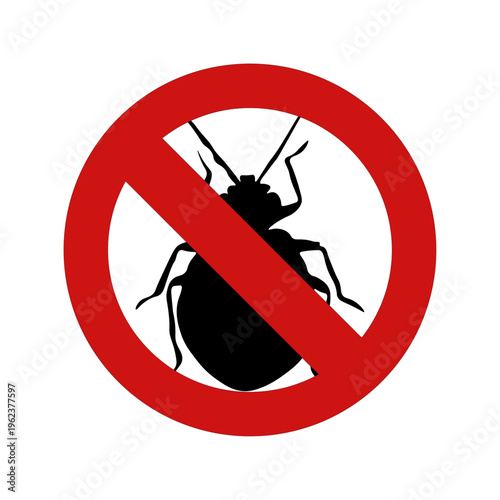Red prohibition sign with beetle silhouette. Isolated on white background. Ideal for hygiene, pest control and food