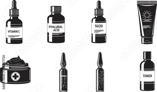 Skincare products and beauty routine essentials flat lay with vitamin, hyaluronic acid, and botox on white background