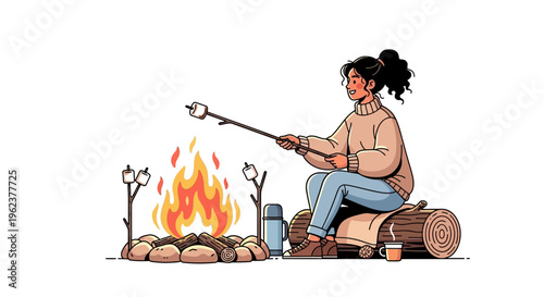 A woman toasting marshmallows on a camping fire.