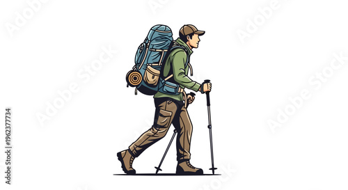 Man hiking with backpack and trekking poles.