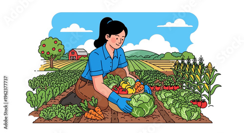Woman harvesting fresh vegetables from garden.