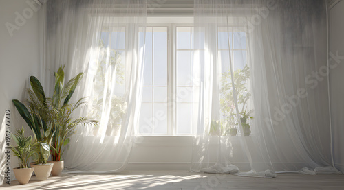 The clean living room is filled with sunlight and has indoor plants, a minimal modern interior, and a sense of freshness thanks to an open window with white curtains blowing in fresh spring air.
