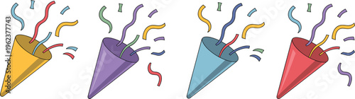 Party popper vector set with colorful confetti bursts, festive celebration elements for event design