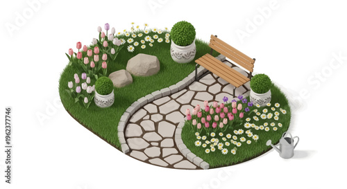 Isometric spring garden scene with blooming flowers, stone path, pots, bench, and watering can on green grass with a colorful and vibrant mood