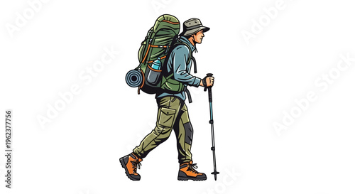 a hiker with backpack walking with trekking poles.