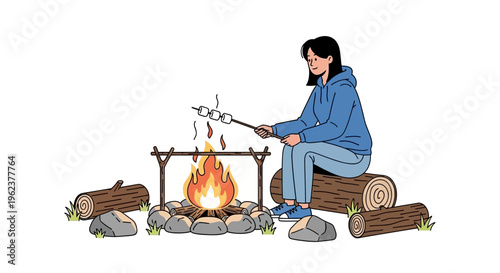 Woman cooking outdoors over campfire.