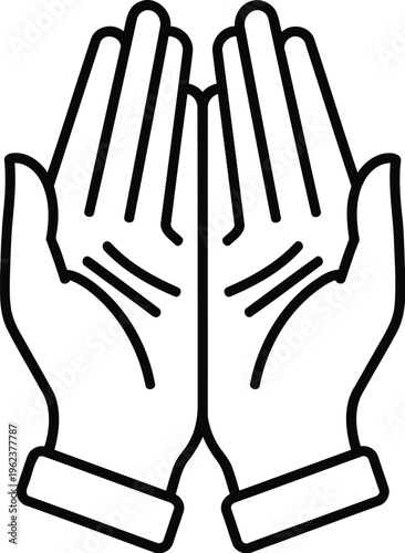 A black and white line art illustration of two human hands held together in a gesture of prayer
