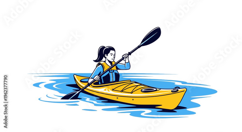 Woman paddling a yellow kayak on water.