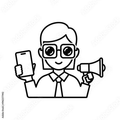 Professional using smartphone and megaphone for communication and announcement