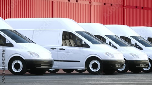 Row of White Delivery Vans Parked Front of Red Shipping Containers Showcasing Fleet Ready for Logistics and Transportation Services with Clean and Modern Design Emphasizing Efficiency and Uniformity