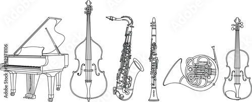 Set of black and white musical instrument icons including grand piano double bass saxophone clarinet french horn and violin isolated on white background vector.