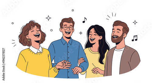 group of friends singing together happily.