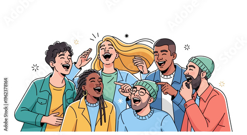 Diverse group of friends laughing together.