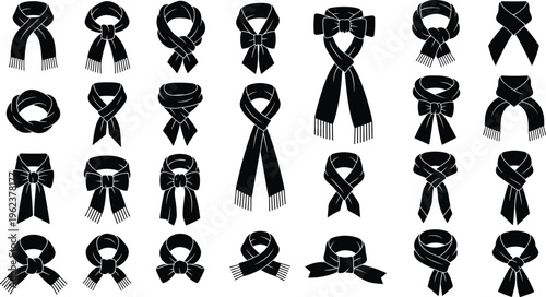 Large collection of black silhouettes of winter scarves with various knots and styles isolated on white background for fashion design and cold weather icons.
