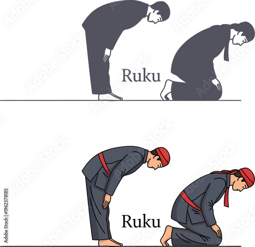 An illustration showing two men in traditional attire performing the ruku prayer position together.