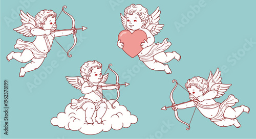 angel with wings, Angel of love, Cherub with wings isolated on white, vector art, ready for card or invitation, save the date party. valentine's day, editable stroke.