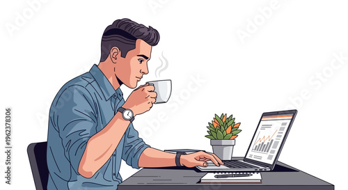 Man sitting at desk with laptop and coffee.