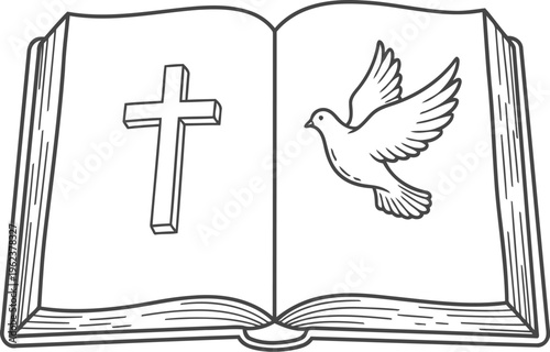 A simple black and white line art drawing of an open holy bible with a cross and a flying dove.