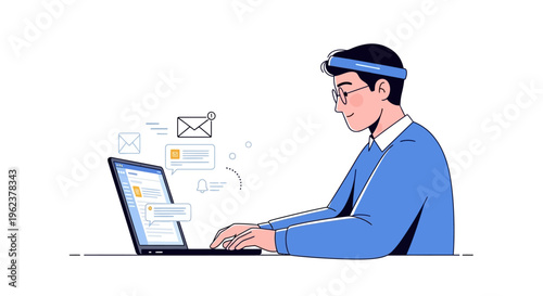 Man working on laptop with email icons.