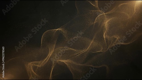Flowing golden dust sheets forming soft vertical wave curtains suspended in deep dark space with warm cinematic light and ultra smooth seamless motion