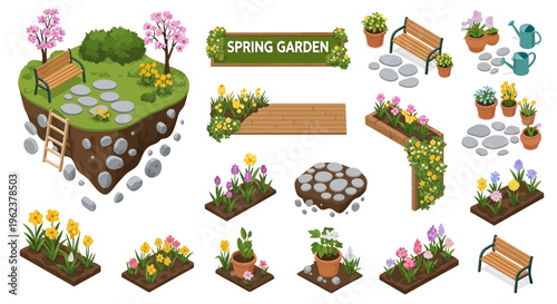 Isometric spring garden scene with blooming flowers, stone path, pots, bench, and watering can for landing page or seasonal promo design