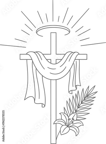 A simple black and white line art illustration of a christian cross with a draped cloth and lily.