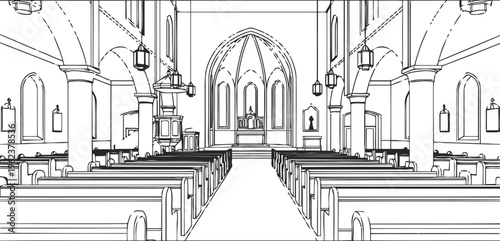 A detailed black and white line art drawing showing the interior of a traditional church building.