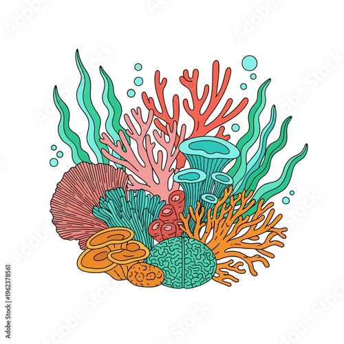 Vibrant Coral Reef Ecosystem with Diverse Marine Life and Colorful Corals