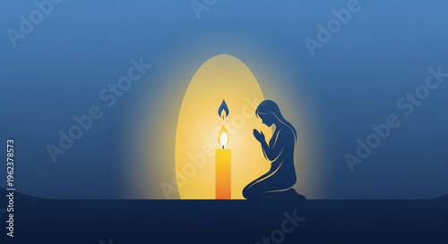 Person praying in contemplative silence beside a lit candle in darkness