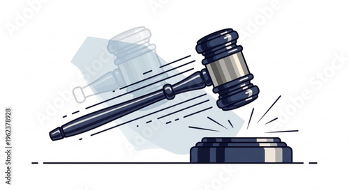 Judge gavel and pen hitting desk with motion lines symbolizing justice and law enforcement action