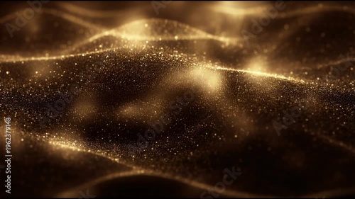 Golden dust particles forming soft vertical curtains against a deep black background with warm cinematic light creating calm seamless abstract motion