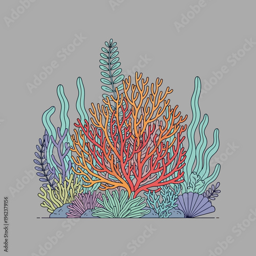 Vibrant Coral Reef Ecosystem with Diverse Marine Plants and Shells