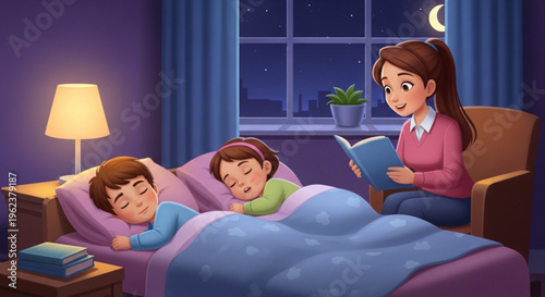 Mother reading bedtime story to sleeping children in cozy bedroom at night