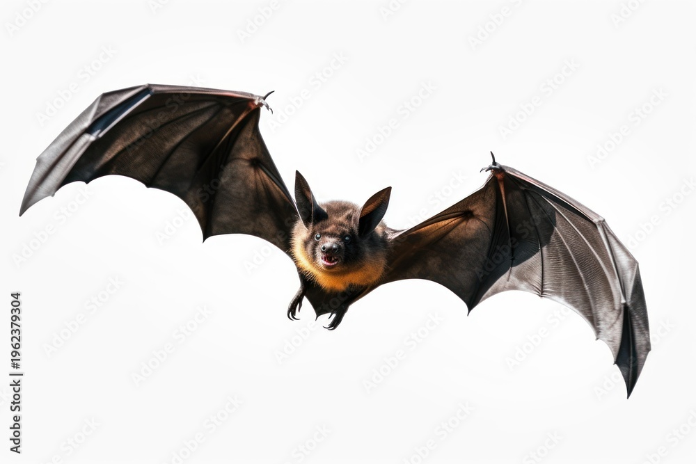Fototapeta premium Bat flying forward with wings spread, isolated on a clean white background