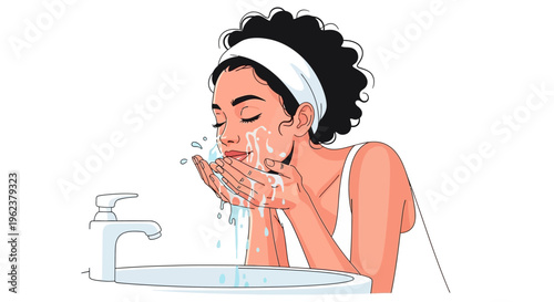 Woman washing her face with water.