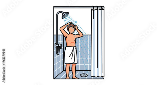 Man washing under shower head.