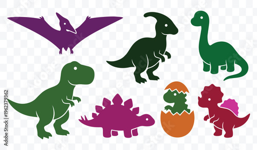 Cute Cartoon Dinosaur Silhouettes Set Prehistoric Animal Vector Collection for Kids and Education